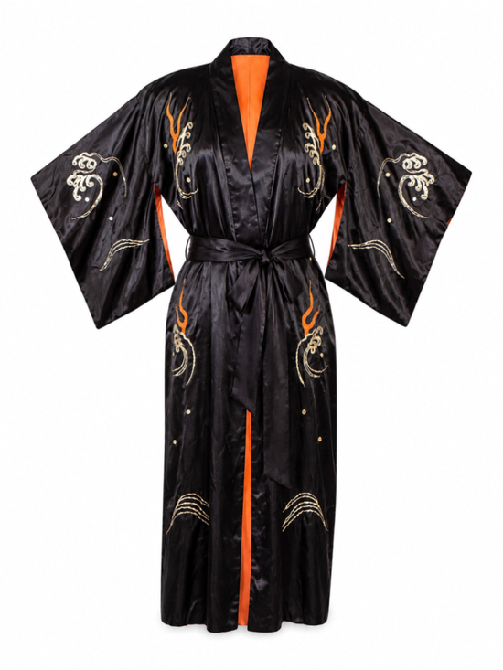 Unbranded Other - Vintage Japanese Souvenir Kimono Robe Double Dragon Embroidered Satin Black 41”